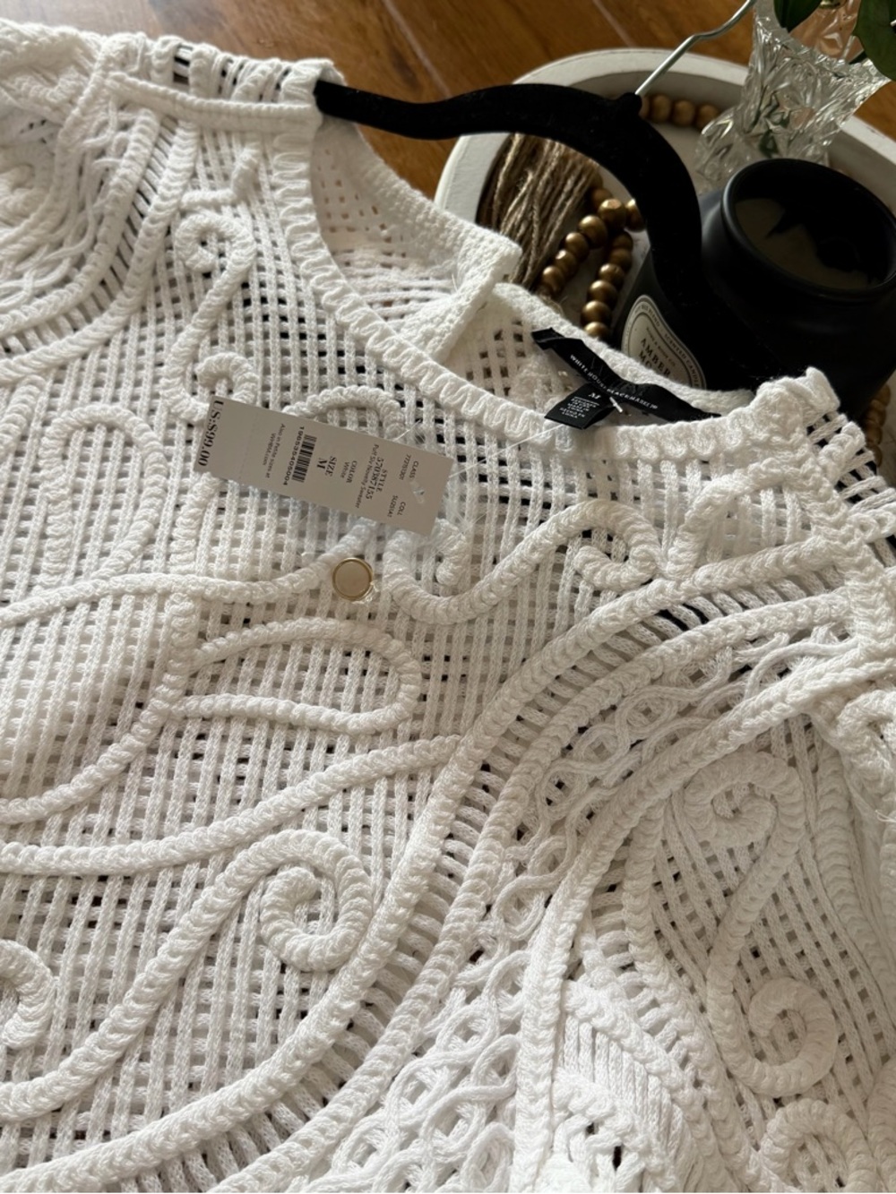 White House Black Market Puff Sleeve Novelty Crochet Cropped Top Blouse Medium - Picture 14 of 16